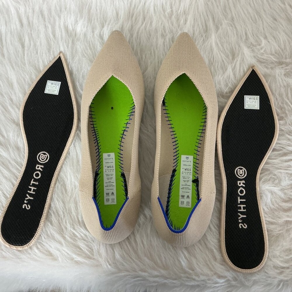 Rothy's Beige Pointed Toe Flats with Blue Trim - Picture 8 of 9